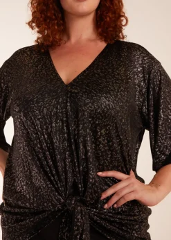 Blue Vanilla Gold Curve Leopard V Neck Tie Front Top