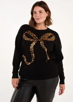 Blue Vanilla Gold Curve Sequin Christmas Leopard Bow Jumper