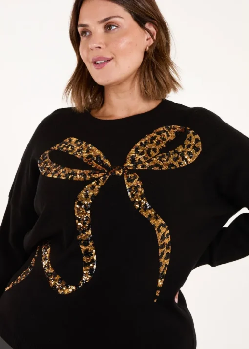 Blue Vanilla Gold Curve Sequin Christmas Leopard Bow Jumper