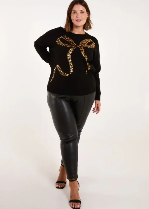 Blue Vanilla Gold Curve Sequin Christmas Leopard Bow Jumper