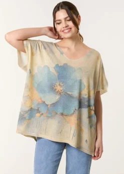Blue Vanilla Gold Floral Shimmer Print Knitted Top