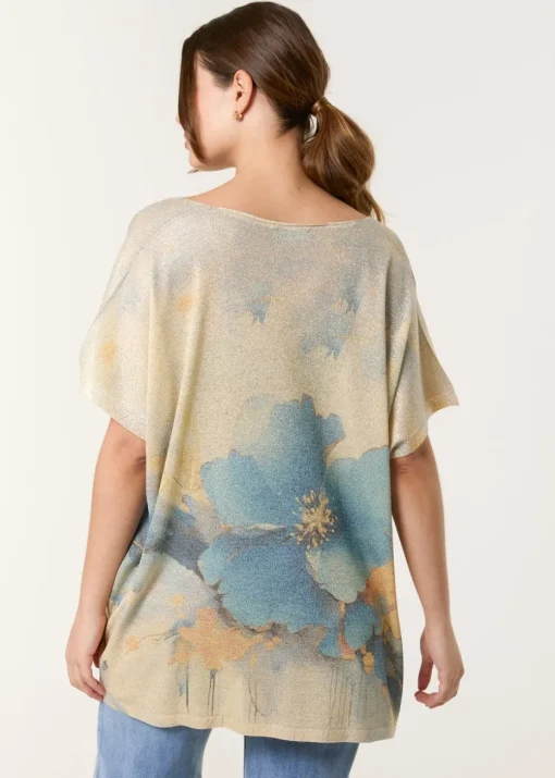 Blue Vanilla Gold Floral Shimmer Print Knitted Top