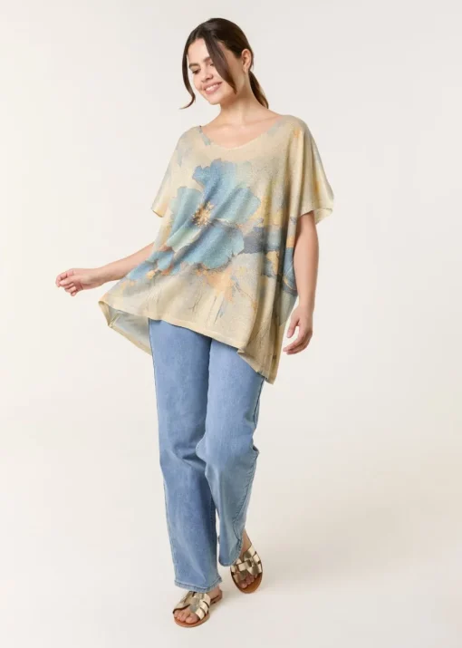 Blue Vanilla Gold Floral Shimmer Print Knitted Top