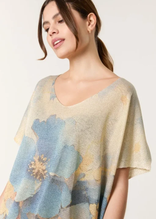 Blue Vanilla Gold Floral Shimmer Print Knitted Top