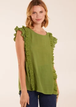 Blue Vanilla Green Button Back Frill Top