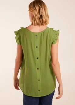 Blue Vanilla Green Button Back Frill Top