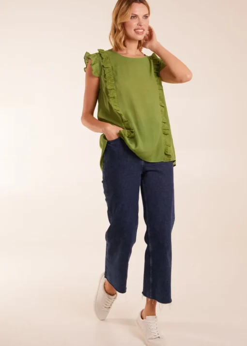 Blue Vanilla Green Button Back Frill Top