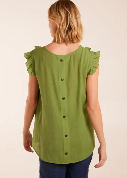 Blue Vanilla Green Button Back Frill Top