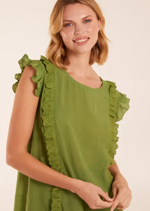 Blue Vanilla Green Button Back Frill Top