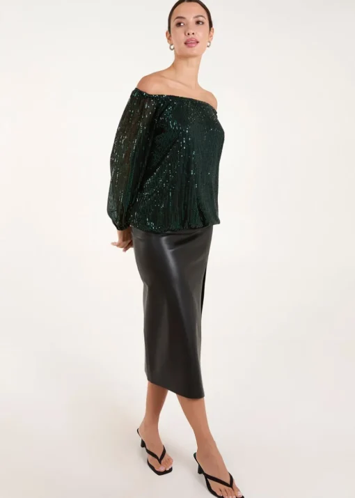 Blue Vanilla Green Elastic Neck Puffball Sequin Top