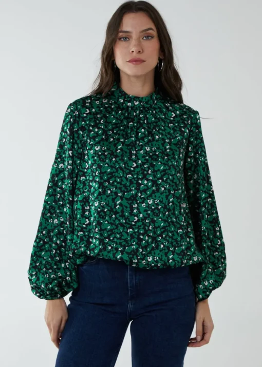Blue Vanilla Green Satin Blouson Top