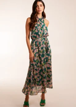 Blue Vanilla Green Wrap Halter Neck Pleated Midi Dress