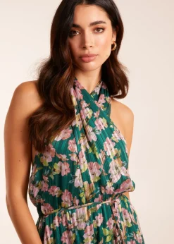 Blue Vanilla Green Wrap Halter Neck Pleated Midi Dress