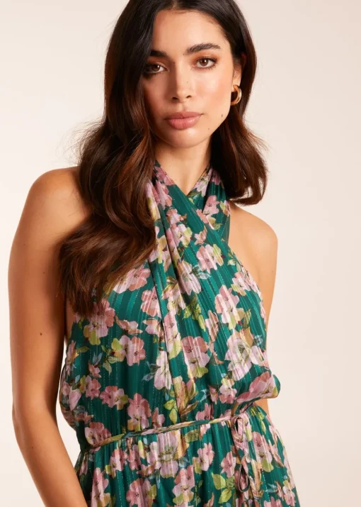 Blue Vanilla Green Wrap Halter Neck Pleated Midi Dress