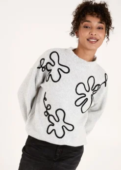 Blue Vanilla Grey Abstract Flower Embroidery Jumper