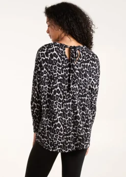 Blue Vanilla Grey Animal Print Long Sleeve Bow Back Top