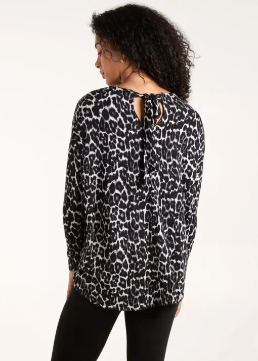 Blue Vanilla Grey Animal Print Long Sleeve Bow Back Top