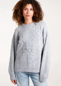 Blue Vanilla Grey Knit Flower Embroidery Cropped Jumper