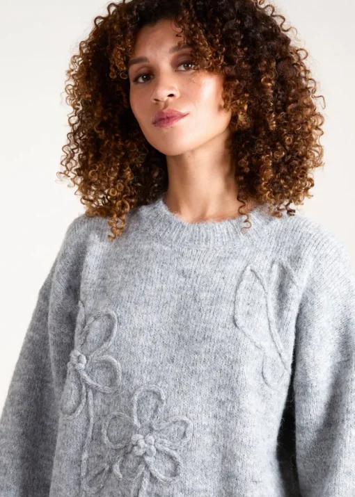 Blue Vanilla Grey Knit Flower Embroidery Cropped Jumper