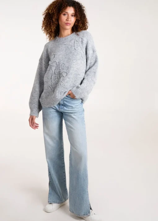 Blue Vanilla Grey Knit Flower Embroidery Cropped Jumper