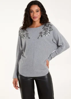 Blue Vanilla Grey Sequin Flower Detail Batwing Jumper