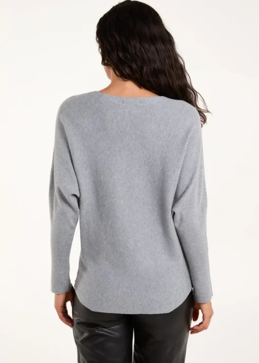 Blue Vanilla Grey Sequin Flower Detail Batwing Jumper