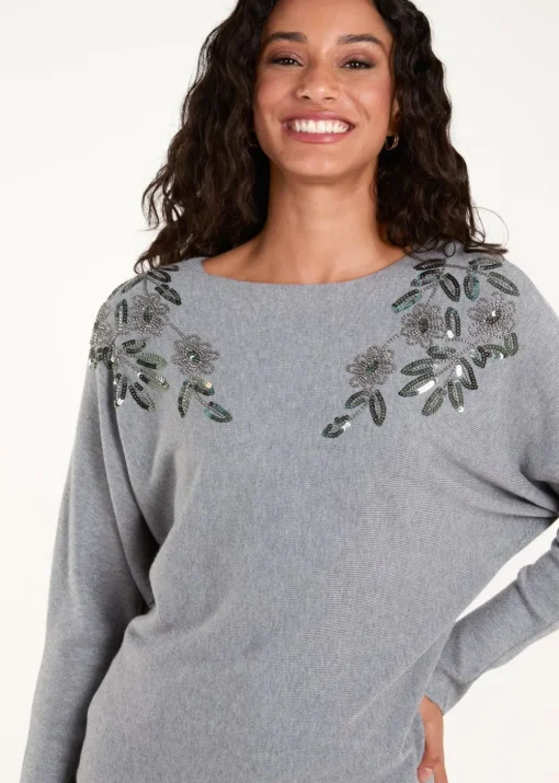 Blue Vanilla Grey Sequin Flower Detail Batwing Jumper