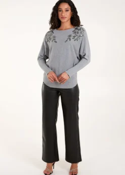 Blue Vanilla Grey Sequin Flower Detail Batwing Jumper