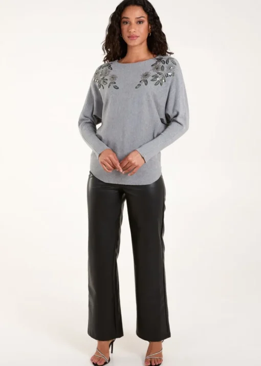 Blue Vanilla Grey Sequin Flower Detail Batwing Jumper