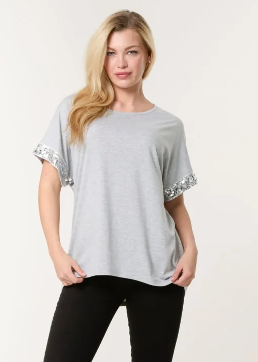 Blue Vanilla Grey Sequin Trim Oversized Top