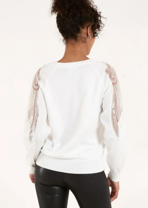 Blue Vanilla Ivory Embellished Sleeve Jumper