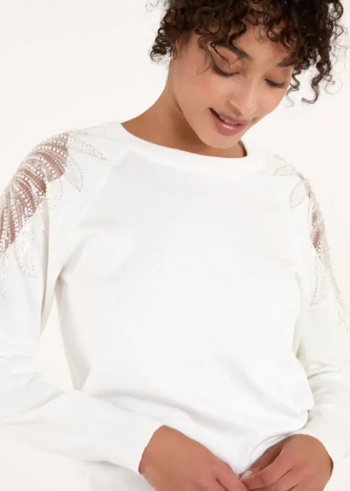 Blue Vanilla Ivory Embellished Sleeve Jumper