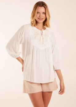 Blue Vanilla Ivory Floral Embroidered Bust Top