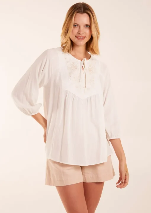 Blue Vanilla Ivory Floral Embroidered Bust Top