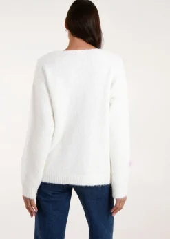 Blue Vanilla Ivory Flower Knit Embroidery V Neck Jumper