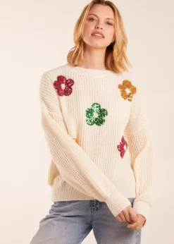 Blue Vanilla Ivory Sequin Daisy Flower Knitted Jumper