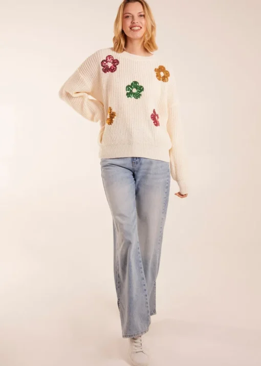 Blue Vanilla Ivory Sequin Daisy Flower Knitted Jumper
