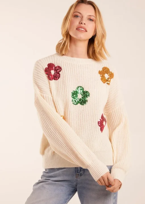 Blue Vanilla Ivory Sequin Daisy Flower Knitted Jumper