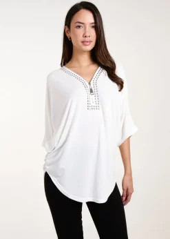 Blue Vanilla Ivory Studded Zip Front Top