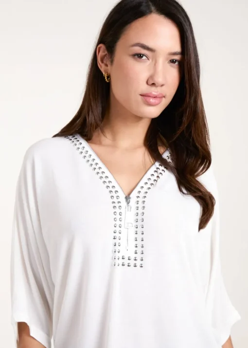 Blue Vanilla Ivory Studded Zip Front Top