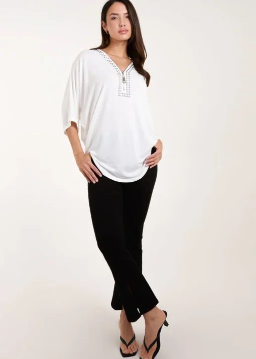 Blue Vanilla Ivory Studded Zip Front Top