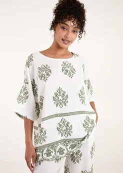 Blue Vanilla Khaki Border Print Top