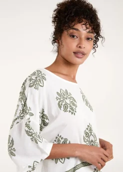 Blue Vanilla Khaki Border Print Top