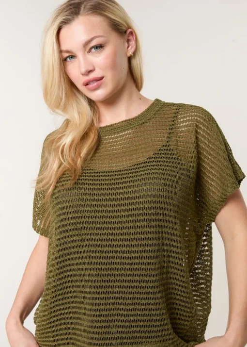 Blue Vanilla Khaki Crochet Batwing Oversized Top