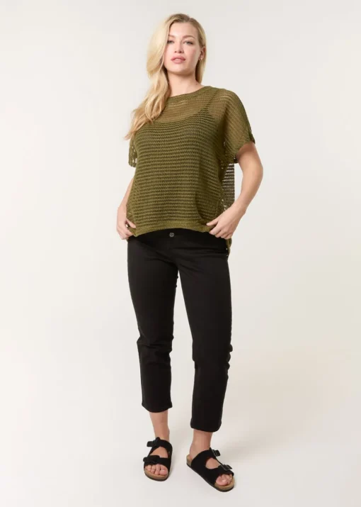Blue Vanilla Khaki Crochet Batwing Oversized Top