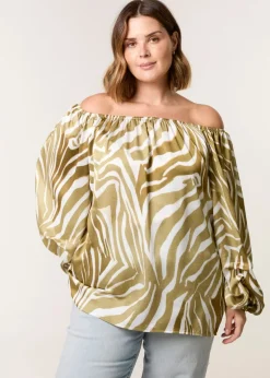 Blue Vanilla Khaki Curve Zebra Satin Ruched Bardot Top