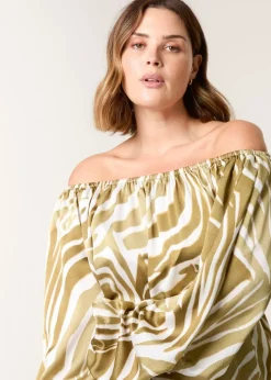 Blue Vanilla Khaki Curve Zebra Satin Ruched Bardot Top