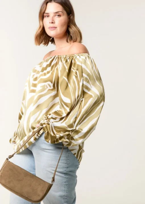 Blue Vanilla Khaki Curve Zebra Satin Ruched Bardot Top