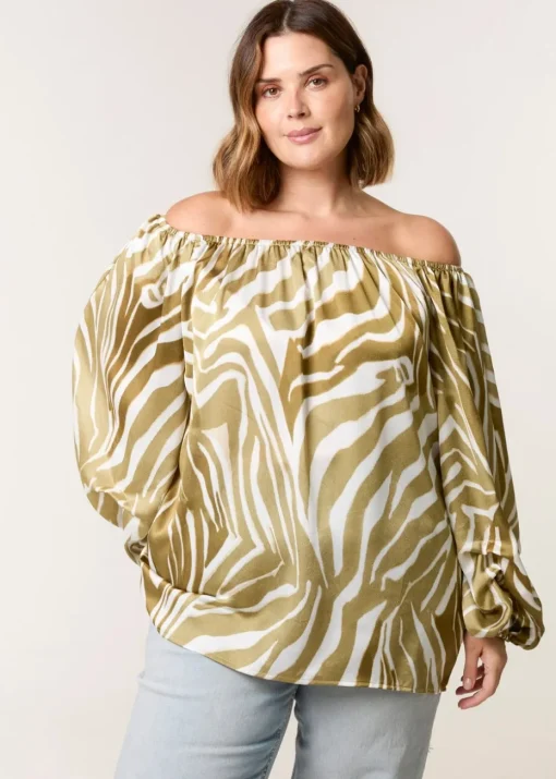 Blue Vanilla Khaki Curve Zebra Satin Ruched Bardot Top