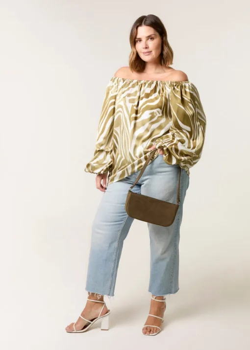 Blue Vanilla Khaki Curve Zebra Satin Ruched Bardot Top